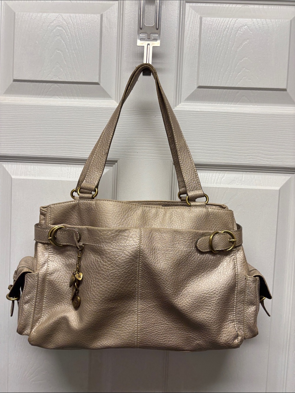 Tommy Hilfiger Women's Metallic Taupe Leather Shoulder Bag with heart charm